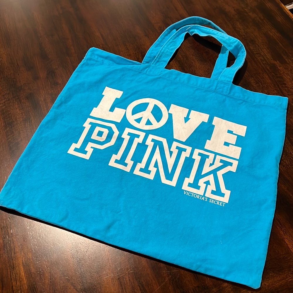 PINK Victoria Secret LOVE PINK Canvas Tote Beach Style Blue Shoulder Bag - Picture 1 of 13